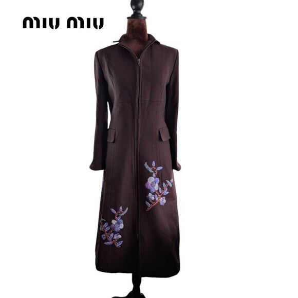 Miu Miu mocha brown authentic longline zipup floral embroidered wool coat eu36 - Picture 4 of 17